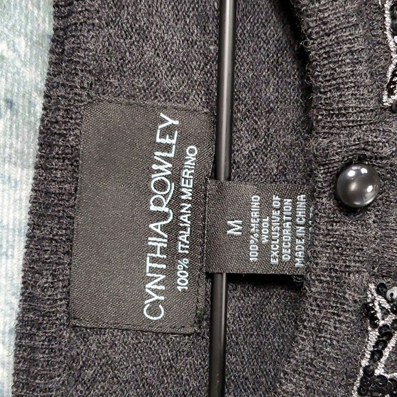 Cynthia Rowley | Merino Wool Vintage Style Beaded Charcoal Gray Cardigan Sweater - Picture 2 of 10